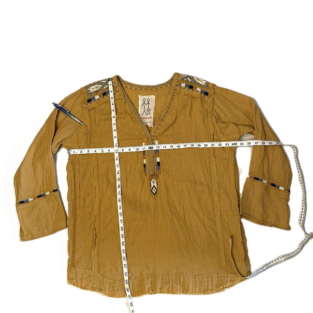 Johnny Was Mars Gauze Tunic Top Sz XL ? Gold Embroidered Aztec Beaded Frayed - Picture 7 of 16